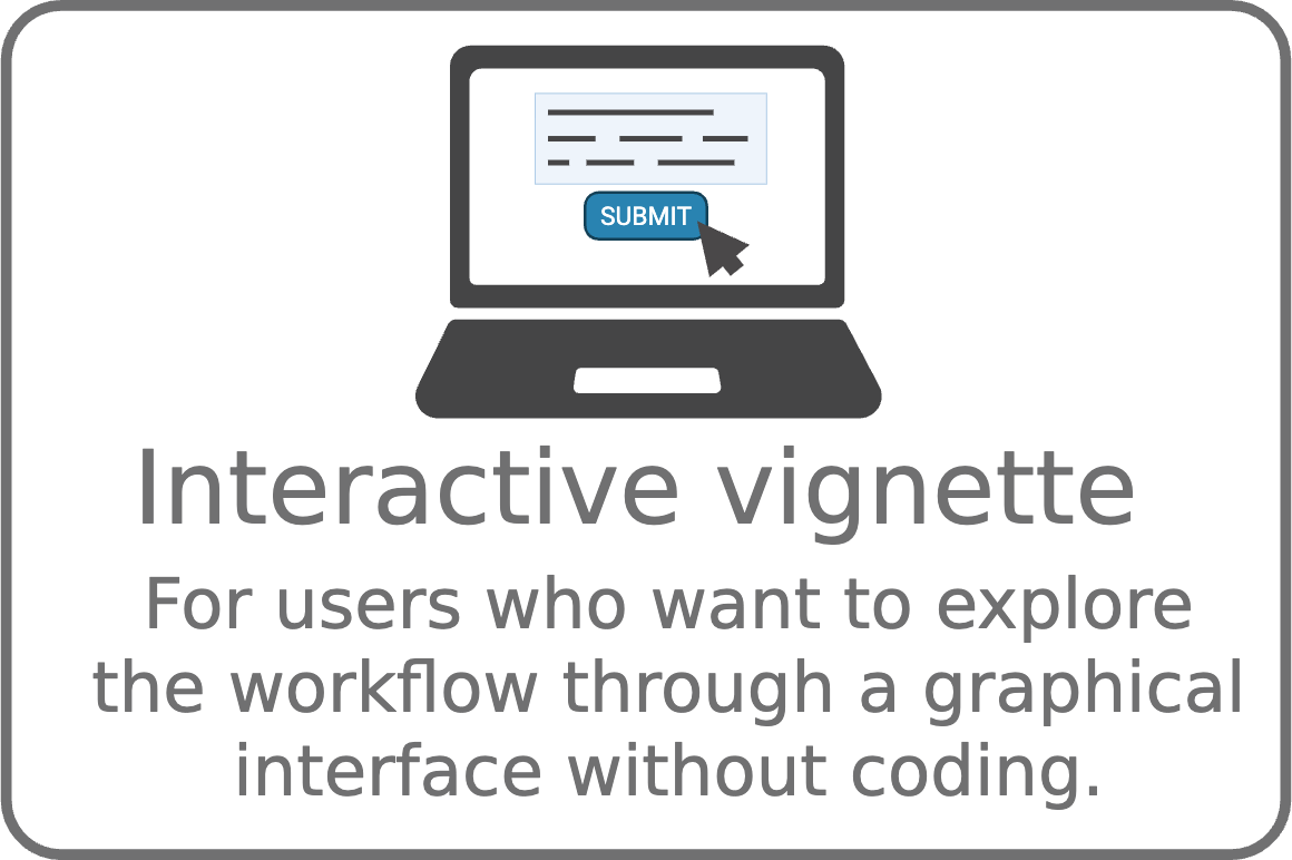 Interactive vignette - For users who want to explore the workflow through a graphical interface without coding.